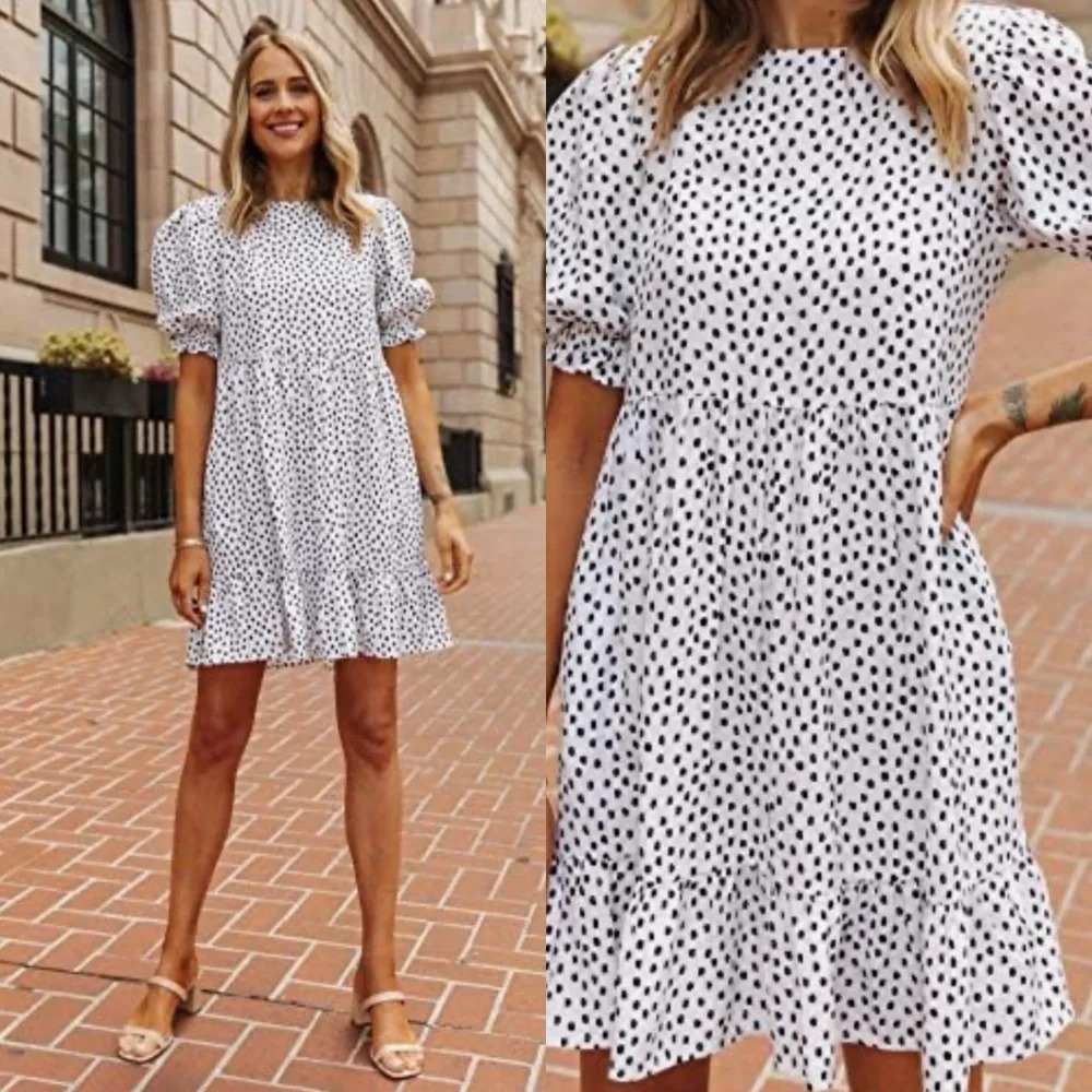 Women’s Black Dot White Puff Sleeve Mini Dress